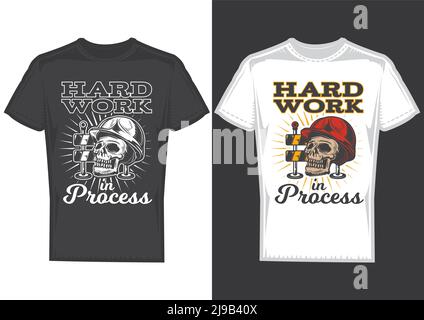T-Shirt Muster mit Abbildung eines Totenschädels mit Hardhut. Stock Vektor