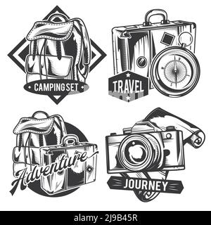 Set von Vintage Reisen Embleme, Etiketten, Abzeichen, Logos. Isoliert auf Weiß Stock Vektor