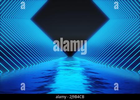 Korridor aus blauen Neonlinien über dem Wasser. 3D Rendern Stockfoto