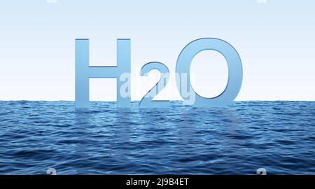 Chemische Formel des Wassers im Horizont Meer. 3D Rendern Stockfoto