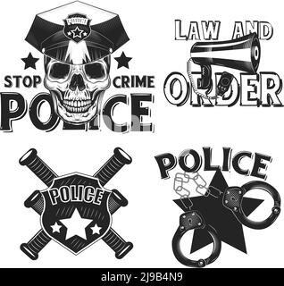 Set von Vintage-Polizei-Embleme, Etiketten, Abzeichen, Logos. Isoliert auf Weiß Stock Vektor