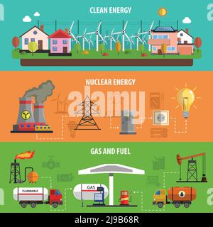 Horizontale Banner für Energie und Energie mit Gas und Kraftstoff Flache, isolierte Vektorgrafik Stock Vektor