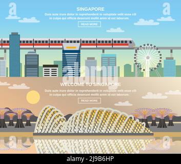 Singapur Online-Informationen für Reisende 3 flache interaktive Banner mit Stadtbild Eisenbahn und nationale Sehenswürdigkeiten Touristen Attraktionen Vektor i Stock Vektor