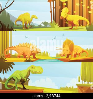Dinosaurier in prähistorischer Umgebung 3 horizontale Banner im Retro-Stil Cartoon-Stil abstrakt isoliert Vektor Illustration Stock Vektor