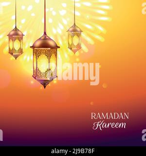 Ramadan farbige Poster mit brennenden Lichtern auf Hintergrund goldene Lampe Und Titel Ramadan kareen Vektor Illustration Stock Vektor