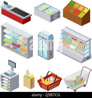 Supermarkt Regale Vitrinen Gefrierschrank Kassierer Zähler und Kunden Warenkorb Abstrakte isometrische Symbole Sammlung isolierte Vektor-Illustration Stock Vektor