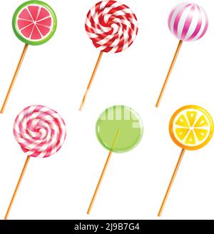 Bunte Süßigkeiten Lutscher und Bonbons mit verschiedenen Designs auf Sticks Auf weißem Hintergrund realistische Symbole setzen isolierte Vektor-Illustration Stock Vektor