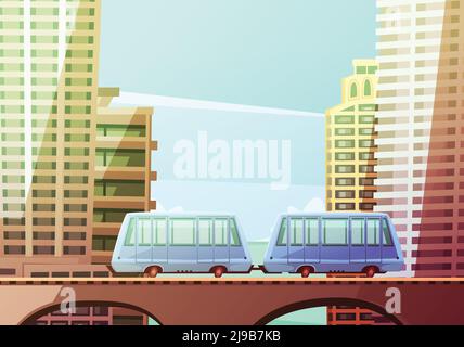 Miami Innenstadt Cartoon Komposition mit zwei Waggons von Schwebungsbahn Auf der Vorderseite und Skyline Hintergrund flache Vektor-Illustration Stock Vektor