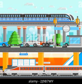 U-Bahn-Design-Konzept mit moderner Hochgeschwindigkeits-Einschienenbahn Und U-Bahn-Züge und Autos flache Vektor-Illustration Stock Vektor