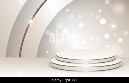 Realistisches 3D Podium Produktdisplay mit goldener Kreislinie Glitzer Bögen Dekoration und Bokeh-Effekte. Heller 3D-Hintergrund mit Szenenanzeige Podium Stock Vektor