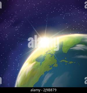 Planet Erde Globus Tempo Ansicht mit hellen aufgehenden Sonne und Sterne Sternbilder auf blauem Hintergrund realistische Poster Vektor Illustration Stock Vektor
