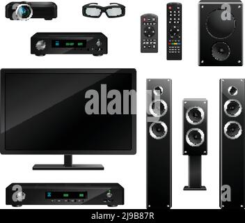 Realistische Hausgeräte Set mit TV-Kamera 3D-Brille Musical Lautsprecher, dvd-Player, isolierte Vektorgrafik mit Fernbedienung Stock Vektor