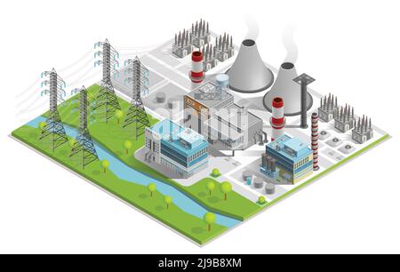 Vektordarstellung des thermischen Kraftwerks für die Herstellung von elektrischen Energie mit Schornsteinen Industriegebäude und Stromleitung unterstützt isometrische Stock Vektor