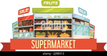 Supermarkt Display Stand Retro Komposition Poster mit Milchprodukten und Obst Regale Regale Cartoon Vektor Illustration Stock Vektor