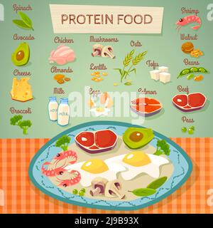 Protein reiche Lebensmittel flat Poster mit Fleisch Eier Milch und Gemüse roh und gekocht abstrakten Vektor-Illustration Stock Vektor