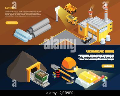 Mining horizontale Banner mit unterirdischen Bergbau Symbole isometrisch isoliert gesetzt vektorgrafik Stock Vektor