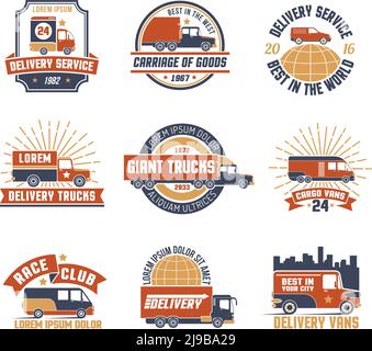 Flacher Satz von bunten Logos und Emblemen für verschiedene Lieferung Dienste isoliert auf weißem Hintergrund Vektorgrafik Stock Vektor