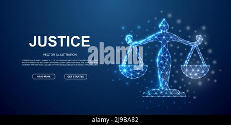 Skaliert 3D Low-Poly-Symbole mit verbundenen Punkten für die blaue Landing-Page. Justiz, Gesetz Design Illustration Konzept. Abbildung des polygonalen Gleichgewichts . Stock Vektor
