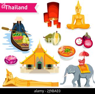 Thailand Reise Set mit buddha-Statuen Tempel tropischen Früchten und Laternen isoliert Vektor-Illustration Stock Vektor