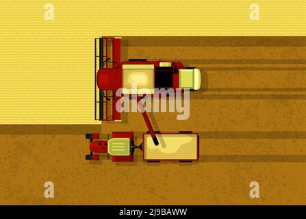 Mähdrescher für Getreideernte. Draufsicht auf Mähdrescher und Traktor mit Anhänger auf dem Feld. Bauern arbeiten und ernten, Landmaschinen, Vektor Stock Vektor