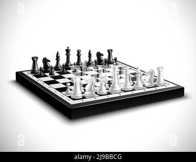 Realistisches Schachbrett mit 3D schwarz-weißen Figuren Set vektorgrafik Stock Vektor