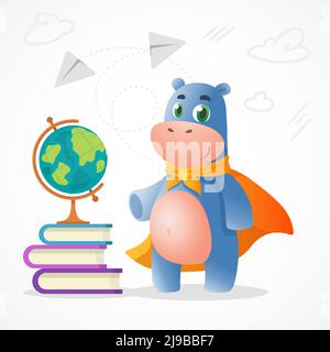 Cartoon Hippopotamus Kind Maskottchen steht in der Nähe von Buchpaket und Globus. Schüler Krokodil sagen Hallo zu Kindern Stock Vektor