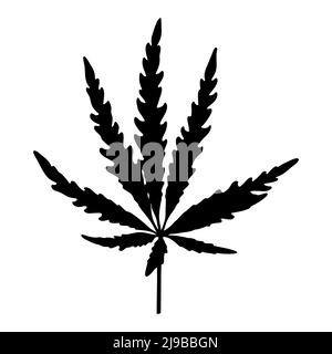 Schwarze Silhouette von Marihuana-Blatt isoliert auf weißem Hintergrund. Marihuana-Blatt-Symbol oder Cannabis-Symbol. Silhouette von Cannabis. Vektorgrafik. Stock Vektor