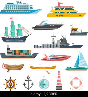 Schiffe Yachten und Boote Symbole mit Navigation Symbole flach isoliert vector Abbildung Stock Vektor