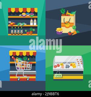 Supermarkt 2x2 flaches Design-Konzept mit bestem Preis Öko-Lebensmittel Warenkorb und frische Produkte Kompositionen Vektor Illustration Stock Vektor