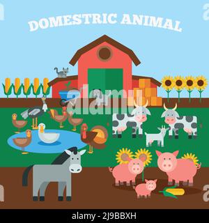 Bauernhof Vieh Konzept mit flachen Haustieren Symbole Vektor gesetzt Abbildung Stock Vektor