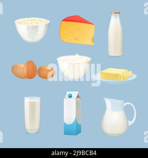Milchprodukte mit Eiern Käse und Sahne isoliert Vektor gesetzt Abbildung Stock Vektor