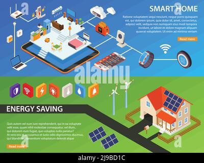 Smart Home Green Energy Generating Geräte und Internet der Dinge Haushalt 2 isometrische Banner Webseite Design Vektor Illustration Stock Vektor