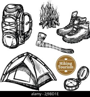 Schwarz-weiß Skizze Tourismus Camping Wander-Set mit Rucksack Lagerfeuer Schuhe Axt Zelt isoliert Vektor Illustration Stock Vektor