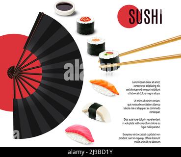 Poster mit japanischer Küche und Sushi-Rollen und Klappventilator vektorgrafik Stock Vektor