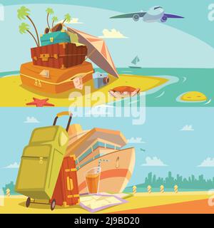 Reisen horizontale Banner mit Reise-und Strand-Resort Symbole gesetzt Cartoon isolierte Vektor-Illustration Stock Vektor