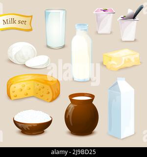 Milch Lebensmittel und Getränke Produkte dekorative Symbole Set mit Joghurt Isolierte Vektorgrafik für Käsebutter Stock Vektor