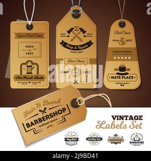 Set von Vintage-Etiketten von Geschäften mit Design von 3D Karton-Tags mit Seil isoliert Vektor-Illustration Stock Vektor