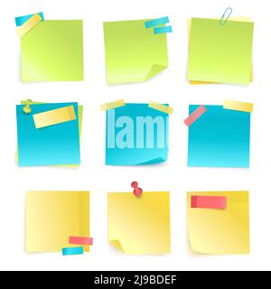 Satz farbiger isolierter Haftnotizen mit Büroklammer und Klebeband isoliert auf weißem Hintergrund realistische Vektordarstellung Stock Vektor