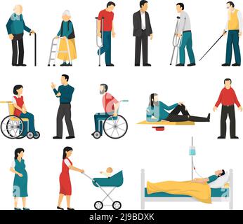 Gruppe von behinderten Menschen, einschließlich blinder gehörlos verletzten und älteren Menschen Personen Schwangere Frau Säugling isoliert Vektor-Illustration Stock Vektor