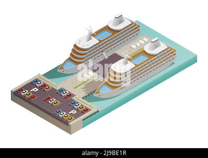 Zwei große moderne Kreuzfahrtschiffe im Hafen mit Parkplatz Am Wasser isometrische Komposition Poster Vektor Illustration Stock Vektor