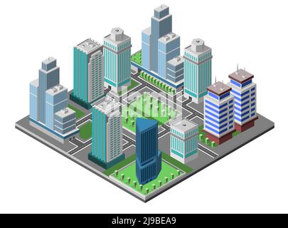 Modernes Stadtkonzept mit isometrischen Wolkenkratzer Büros 3d Gebäude dekorativ Symbole stellen Vektordarstellung ein Stock Vektor