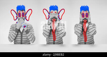 Kreatives Triptychon. Zeitgenössische Kunstwerke. Junger seltsamer Mann mit leuchtend roten und blauen Zeichnungen. Digitaler Vandalismus. Konzept der Kunst, Schöpfung, Aspiration Stockfoto