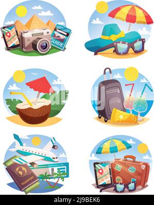 Sommerurlaub Set von runden Kompositionen mit Wahrzeichen Strand-Accessoires Tropische Cocktails Flugreisen isoliert Vektor Illustration Stock Vektor