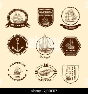 Nautische Handwerker Skipper Emblem Set mit Skizze Segel Clipper Schiffe und Yachten Vektor-Illustration. Stock Vektor