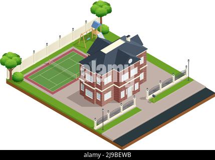 Vorort Haus isometrische Zusammensetzung mit Sportplatz und Bäume Vektor Abbildung Stock Vektor