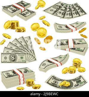 Kupfercents Goldmünzen und amerikanische Geldscheine mit Dollar Symbol realistische Geld Bilder Sammlung Vektor Illustration Stock Vektor