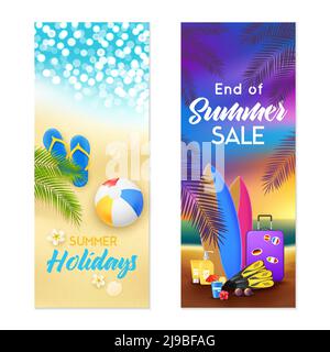 Tropical Beach Sommer Urlaub Urlaub Touren Pakete Verkauf 2 bunt Vertikale Werbebanner setzen isolierte Vektordarstellung Stock Vektor