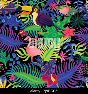 Tropisches Paradies exotisch bunt nahtlos Muster mit Flamingo Tukan Vögel Und leuchtend lila grün Laub Vektor-Illustration Stock Vektor