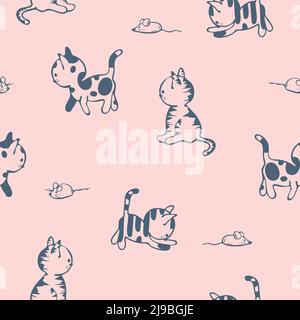 Nahtloses Vektor-Muster mit niedlichen Katzen auf rosa Hintergrund. Einfaches Tiertapete-Design für Kinder. Dekorative Kätzchen Mode Textil. Stock Vektor