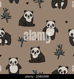 Nahtlose Vektor-Muster mit Cartoon Panda Bär auf beigem Hintergrund. Einfaches handgezeichnetes Tiertapete-Design. Dekorative Kindermode Textil. Stock Vektor